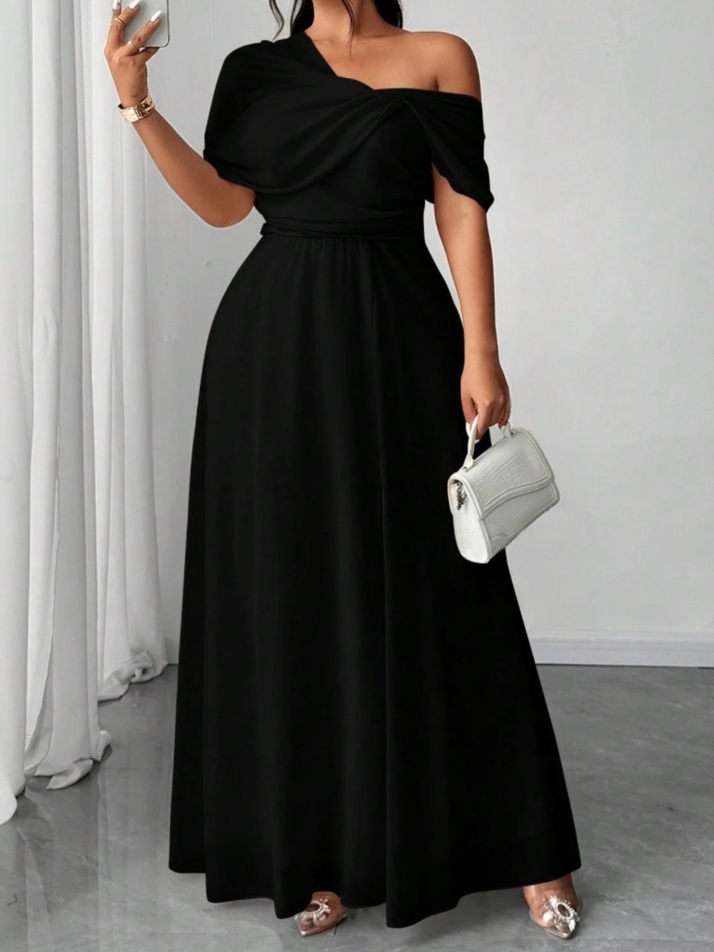 Plus Sold Ruched One Shoulder Split thigh Party Evening Dress - Picture 10 of 12